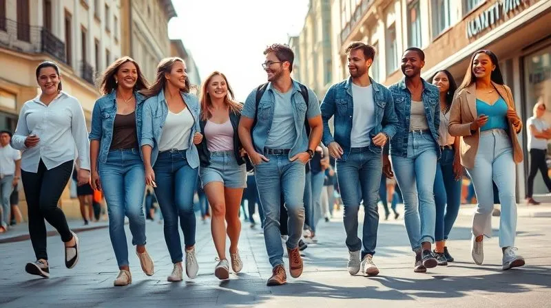 A diverse group of young, stylish people laughing and walking confidently in various casual shoes (sneakers, canvas, loafers) on a vibrant, sun-drenched city street. The scene is full of life and movement, photorealistic, 8K, cinematic lighting, professional photography, sharp focus, depth of field.