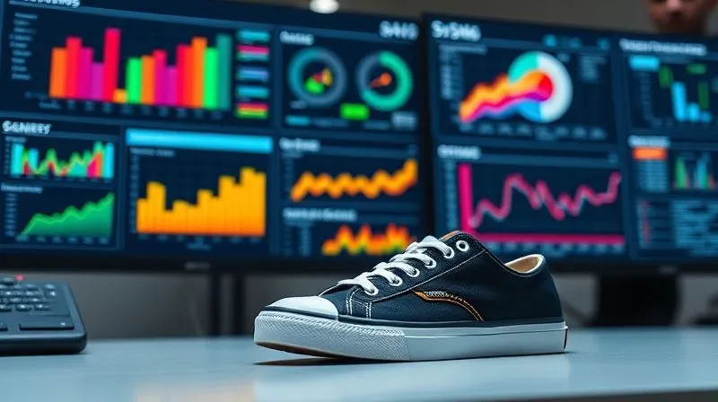 A sophisticated data dashboard displaying various sales and inventory metrics with vibrant, interactive graphs and charts on multiple screens. In the foreground, a stylish pair of casual shoes is subtly placed on a desk, hinting at the product being analyzed. Photorealistic, 8K, cinematic lighting, professional photography, sharp focus, depth of field.