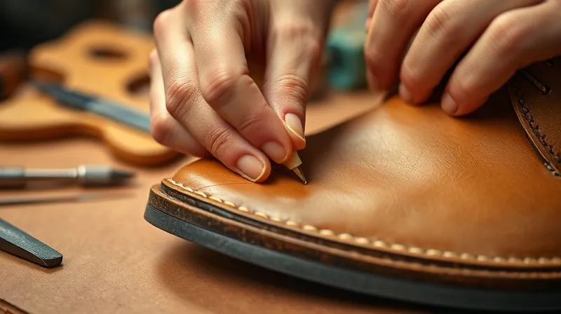 A close-up, photorealistic, professional photography shot of a shoemaker's hands carefully applying adhesive to the roughened edge of a leather sole, with precision and focus. The adhesive is visible as a thin, even layer. Tools and raw leather are in the softly blurred background. 8K, cinematic lighting, sharp focus, depth of field, shot on a high-end DSLR.