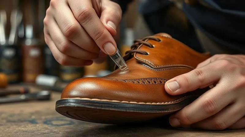A close-up, photorealistic, professional photography shot of a cobbler's hands meticulously applying a clear protective sealant to the edge of a finished leather sole on a handmade shoe. The sealant is visible as a subtle sheen. The background shows a dimly lit workshop with tools. 8K, cinematic lighting, sharp focus, depth of field, shot on a high-end DSLR.