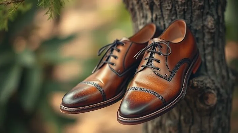 A photorealistic, professional photography shot of a pair of exquisitely crafted, well-worn but perfectly maintained handmade leather shoes sitting on a cedar shoe tree. The leather shows a beautiful patina but no damage, highlighting the concept of 'aging gracefully'. Soft, warm cinematic lighting, sharp focus on the shoes, depth of field. 8K, shot on a high-end DSLR.