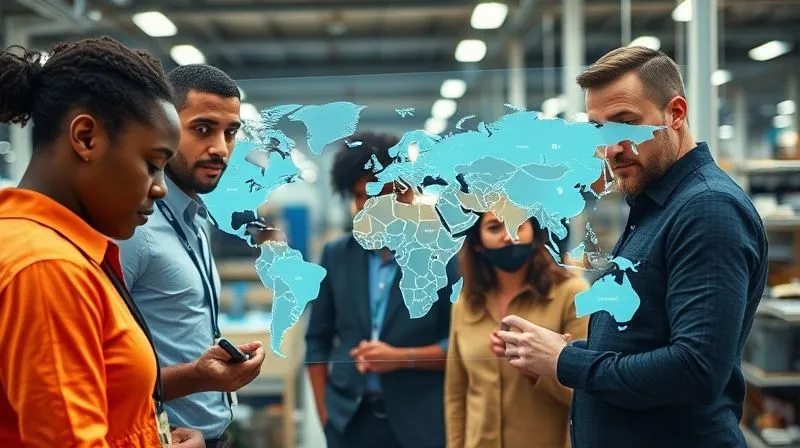Photorealistic, professional photography, 8K, cinematic lighting, sharp focus on a diverse group of fashion supply chain professionals, male and female, from various ethnic backgrounds, collaborating around a large digital map showing global manufacturing hubs and logistics routes. Their faces show focused determination and collaboration. Depth of field blurs a modern factory floor in the background. Shot on a high-end DSLR.