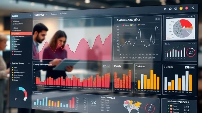 Photorealistic, professional photography, 8K, cinematic lighting, sharp focus on a detailed dashboard displaying fashion analytics: sales trends, inventory levels, customer demographics, and product performance, presented with sleek, modern UI design. In the background, slightly blurred, are designers sketching and collaborating. Shot on a high-end DSLR, conveying the synergy of data and creativity.
