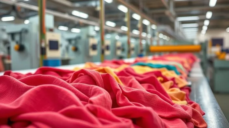 Photorealistic, professional photography, 8K, cinematic lighting, sharp focus on hands sorting high-quality organic cotton fabric swatches, with vibrant natural dyes. In the background, slightly blurred, are modern, energy-efficient textile machines operating in a clean, well-lit factory. Shot on a high-end DSLR, emphasizing eco-friendly production and craftsmanship.