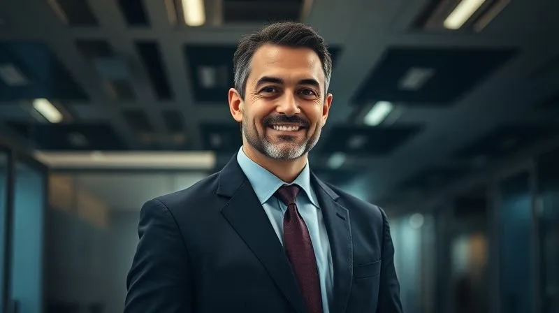 A photorealistic, professional photography, 8K, cinematic lighting, sharp focus, depth of field, shot on a high-end DSLR. A confident businessman, mid-30s, impeccably dressed in a dark, tailored suit, standing tall with a slight, reassuring smile, making direct eye contact. The background is a blurred, modern office interior with subtle light reflections.