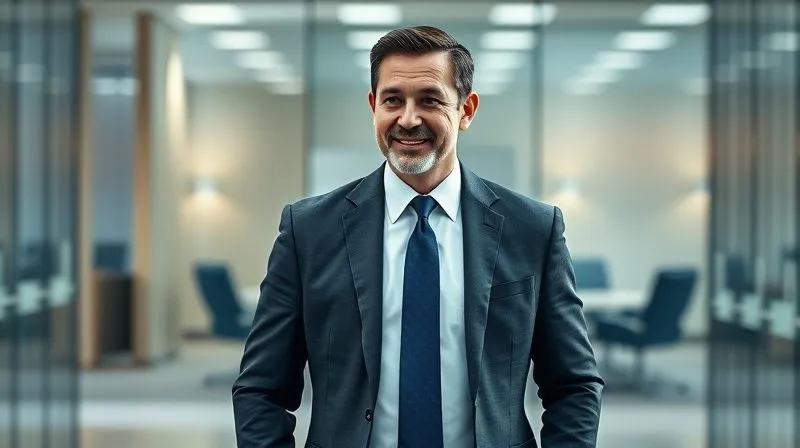 A photorealistic, professional photography, 8K, cinematic lighting, sharp focus, depth of field, shot on a high-end DSLR. A confident businessman, mid-40s, walking purposefully towards a modern glass-walled conference room. He is impeccably dressed in a dark grey suit, crisp white shirt, and a subtle blue tie. His posture is upright, and a subtle, determined smile plays on his lips. The background is blurred, showing a high-tech office environment.