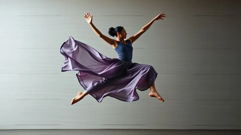 A photorealistic image of a professional dancer in mid-leap, motion blur subtly highlighting the dynamic flow of their flowing costume, sharp focus on the fabric's interaction with the body, cinematic lighting, 8K, shot on a high-end DSLR.
