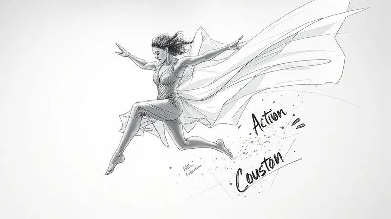 A photorealistic, professional illustration of a dynamic costume sketch, showcasing clear 'action lines' in motion, with fabric flowing dramatically around a leaping figure, cinematic lighting emphasizing contours, 8K, sharp focus on the artistic lines, depth of field, shot on a high-end DSLR.