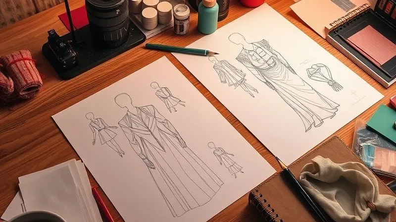 A photorealistic, artistic rendering of a costume designer's desk, with detailed dynamic costume sketches showing various stages of completion, from gesture lines to fully rendered fabric folds, surrounded by fabric swatches and art supplies, warm studio lighting, 8K, sharp focus, depth of field, shot on a high-end DSLR.
