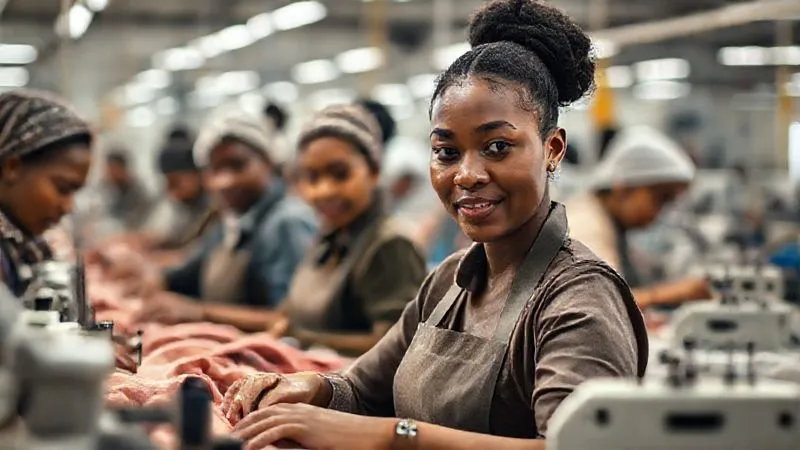 Photorealistic image of a diverse group of garment factory workers, engaged in their tasks, but with a sense of dignity and camaraderie. Soft, warm cinematic lighting highlights their faces, sharp focus on their hands working on textiles. 8K hyper-detailed, depth of field blurring the background into a clean, well-lit factory floor.