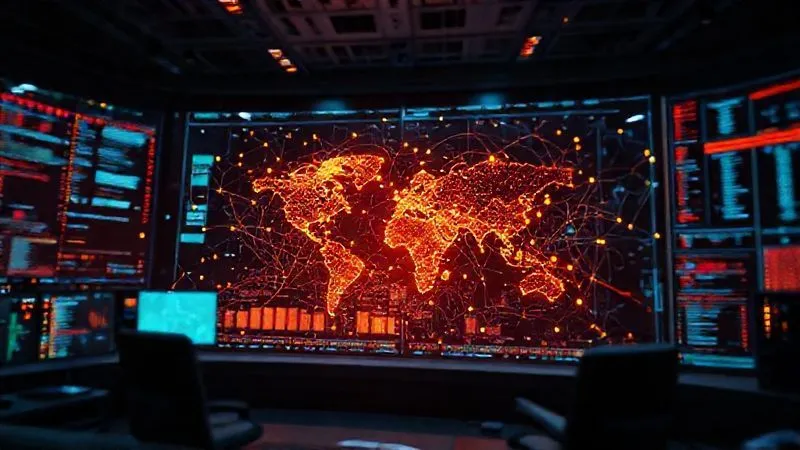 Photorealistic image of a futuristic control room interface, displaying complex supply chain data as interconnected nodes and lines. A glowing heatmap highlights high-risk geographical areas, with data points representing worker welfare metrics. Cinematic lighting, 8K hyper-detailed, sharp focus on the central display, depth of field blurring the background.