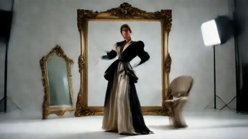 Photorealistic, professional photography, 8K, cinematic lighting, sharp focus, depth of field, shot on a high-end DSLR. A fashion model in avant-garde attire posing dramatically in a minimalist, brightly lit studio, with a single, strategically placed prop (e.g., a large, ornate mirror or a sculptural chair), creating a sense of sophisticated creativity and adaptability. The lighting is crisp and intentional, highlighting the textures of the fabric and the model's expression.
