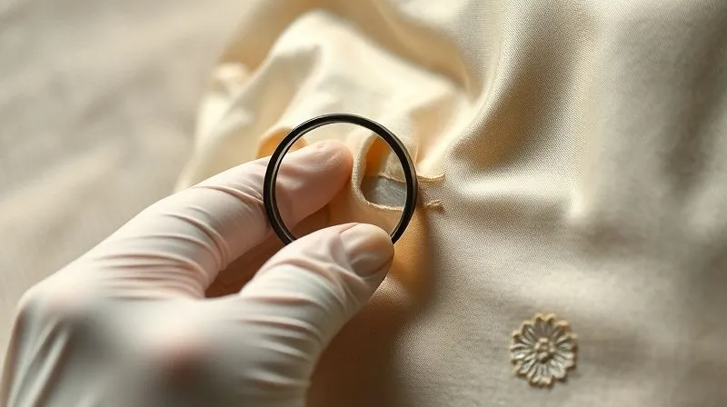 A close-up, photorealistic image of a conservator's gloved hands gently examining a delicate tear in a vintage haute couture silk dress, using a magnifying glass. The fabric shows intricate embroidery and a subtle sheen. Soft, focused light illuminates the scene, emphasizing precision and care. The background is a blurred, neutral textile. Professional photography, 8K, cinematic lighting, sharp focus, depth of field, shot on a high-end DSLR.