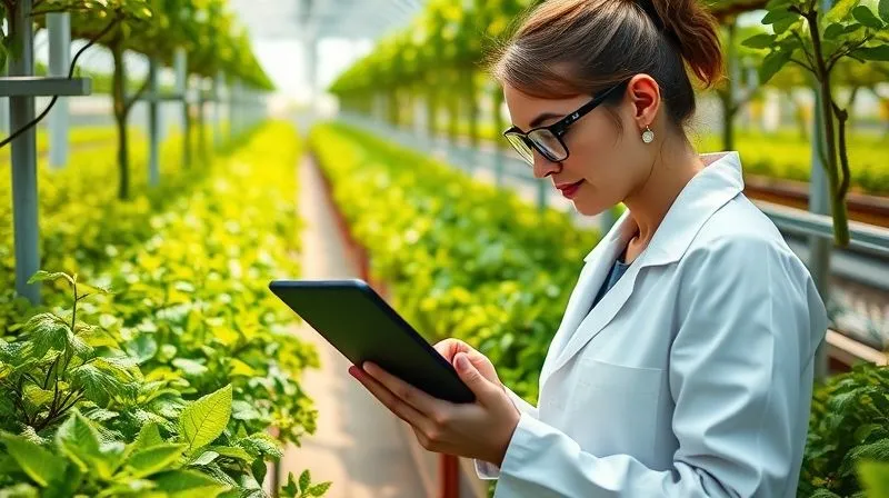 A professional, photorealistic image of a female agricultural scientist in a white lab coat and safety glasses, meticulously inspecting rows of vibrant green organic plants in a greenhouse. She holds a digital tablet, making notes, with natural light streaming through the glass. 8K, cinematic lighting, sharp focus on the scientist and plants, depth of field, shot on a high-end DSLR, professional photography.