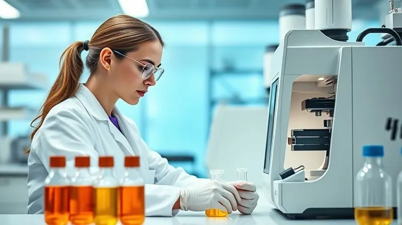 A photorealistic, professional image of a female lab technician, focused and meticulous, wearing a white lab coat and gloves, using a sophisticated mass spectrometer in a brightly lit, modern laboratory. Various vials and beakers with natural botanical extracts are visible on the workbench. 8K, cinematic lighting, sharp focus on the technician and equipment, depth of field, shot on a high-end DSLR, professional photography.