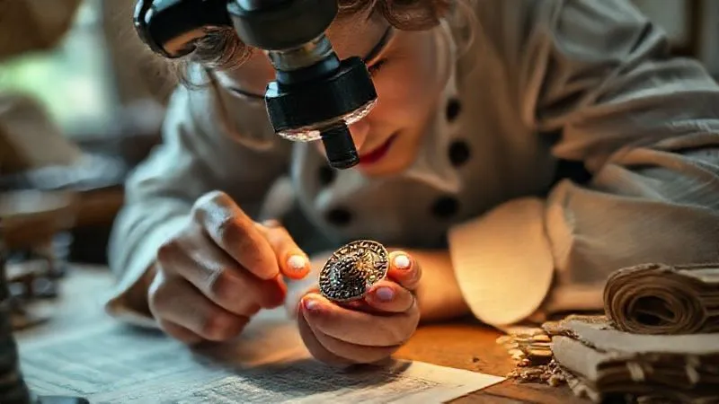 Photorealistic, professional photography, 8K, cinematic lighting, sharp focus, depth of field, shot on a high-end DSLR. A skilled costume designer, with intense focus, meticulously examining a small, antique metal button under a magnifying glass, surrounded by blurred historical documents and textile swatches on a wooden workbench.