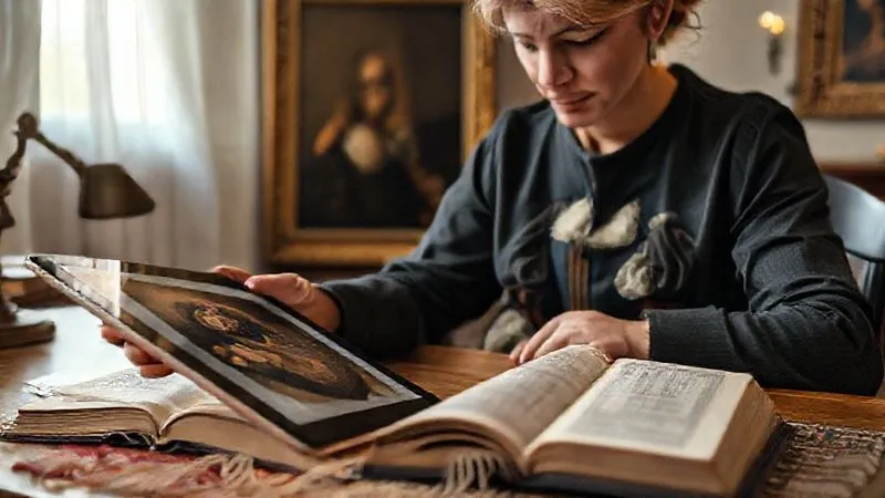 Photorealistic, professional photography, 8K, cinematic lighting, sharp focus, depth of field, shot on a high-end DSLR. A focused costume historian using a digital tablet to zoom in on a detail of a 17th-century portrait painting, comparing it to an open historical fashion book and a textile swatch on a desk, soft light illuminating the scene.