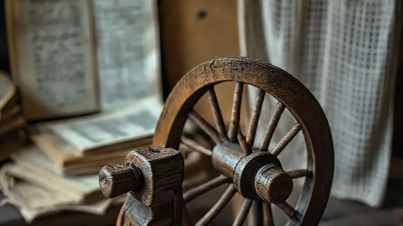 Photorealistic, professional photography, 8K, cinematic lighting, sharp focus, depth of field, shot on a high-end DSLR. A worn, antique wooden spinning wheel in the foreground, with blurred historical documents and a simple, homespun linen textile in the background, suggesting the origins of peasant clothing.