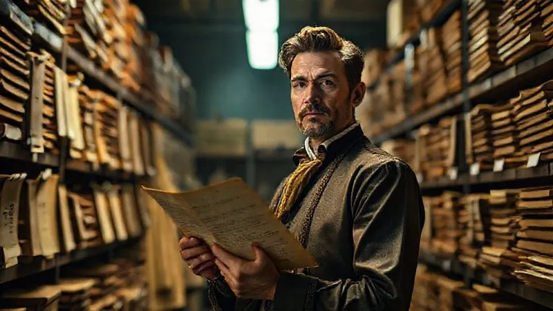 Photorealistic, professional photography, 8K, cinematic lighting, sharp focus, depth of field, shot on a high-end DSLR. A creative and determined costume designer, with an expression of thoughtful triumph, standing in a dimly lit, organized archive, holding a newly discovered, delicate historical document, surrounded by racks of period costumes and research materials, bathed in a warm, cinematic glow.