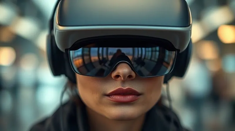 A close-up photorealistic shot of a person wearing a sleek VR headset, futuristic fashion elements reflected in the lenses, cinematic lighting, sharp focus on the headset and reflections, depth of field blurring the background, 8K hyper-detailed, professional photography, shot on a high-end DSLR.