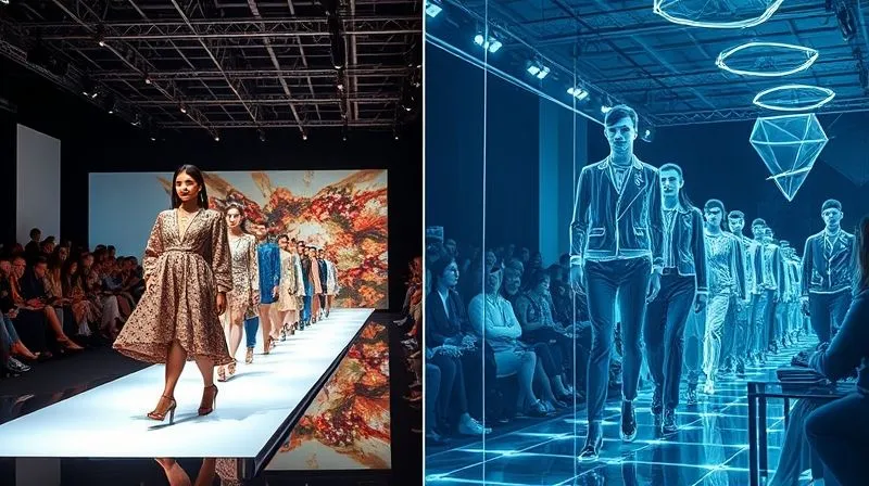 A split image, one side showing a physical fashion show with models on a runway, the other side showing a holographic projection of the same show in a sleek virtual environment, seamless transition between the two, cinematic lighting, sharp focus, depth of field, 8K hyper-detailed, professional photography, shot on a high-end DSLR.