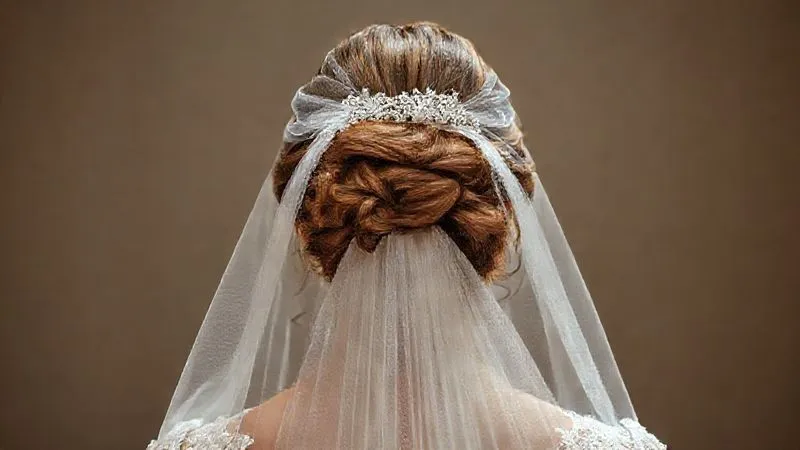 A photorealistic, professional photography shot from behind a bride, showcasing three distinct wedding veil placements: one veil attached high on the crown for a dramatic effect, another at the mid-crown for a classic cascade, and a third secured low at the nape of the neck for a soft, romantic drape. The bride's hair is styled in a beautiful updo, with cinematic lighting highlighting the veil's sheer fabric and the intricate hair details. 8K hyper-detailed, shot on a high-end DSLR.