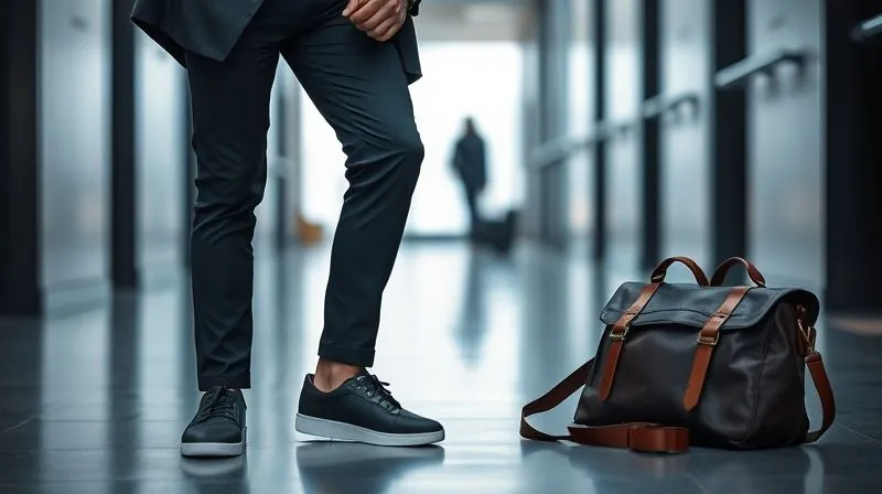 A professional man in a modern office lobby, mid-transition. He is wearing a dark performance trouser and an elevated polo shirt. He is in the act of slipping on a sleek, unlined performance blazer. On the floor beside him are stylish, minimalist leather sneakers and a structured leather messenger bag. Cinematic lighting, sharp focus on the man's hands and the clothing, depth of field blurring the background, 8K hyper-detailed.