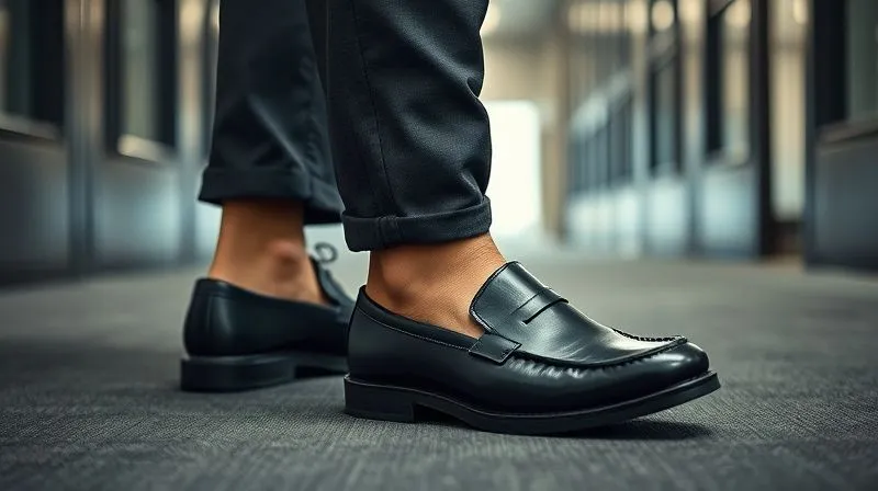 A close-up, photorealistic shot of a professional man's feet. One foot is wearing a sleek, dark performance sneaker, while the other is in the process of being swapped for a polished, dark leather loafer. The setting is a modern office entryway, with the man's performance trousers visible. Cinematic lighting, sharp focus on the shoes and the transition, depth of field blurring the background, 8K hyper-detailed.
