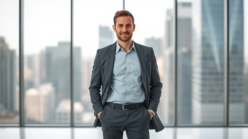 A professional man standing confidently in a bright, modern office space, a subtle smile on his face. He is wearing stylish, dark grey performance trousers and a light blue technical button-down shirt, with a performance blazer draped casually over his arm. The background is a blurred cityscape through a large window, conveying a sense of achievement and readiness. Photorealistic, professional photography, 8K, cinematic lighting, sharp focus on the man, depth of field creating a sense of depth and professionalism.