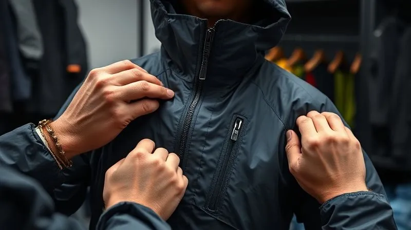 A professional photograph of a person meticulously checking the seams and zippers of a high-end waterproof-breathable jacket, possibly using a magnifying glass or a light source to detect imperfections. The setting is a clean, organized gear room. Photorealistic, professional photography, 8K, cinematic lighting, sharp focus, depth of field, shot on a high-end DSLR, emphasizing attention to detail in gear maintenance.
