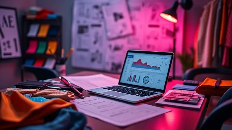 A designer's desk with fabric swatches, technical drawings, and a laptop displaying data analytics, all under bright, creative studio lighting. Photorealistic, professional photography, 8K, cinematic lighting, sharp focus, depth of field, shot on a high-end DSLR.