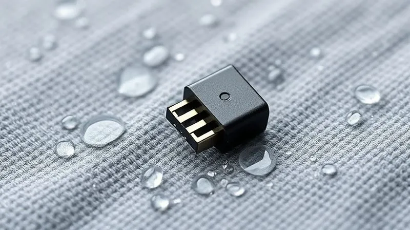 A photorealistic, professional photography, 8K, cinematic lighting, sharp focus, depth of field, shot on a high-end DSLR of a magnified view of a smart textile, showing a perfectly overmolded, miniature electrical connector seamlessly integrated into the fabric. Water droplets bead on the smooth, protective polymer surface, highlighting its robust sealing properties.