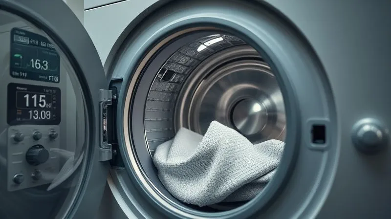 A photorealistic, professional photography, 8K, cinematic lighting, sharp focus, depth of field, shot on a high-end DSLR of a textile testing lab, with a smart fabric swatch undergoing a washability test in a specialized washing machine. Data readouts are visible on nearby monitors, indicating performance metrics and cycle counts, conveying scientific rigor and validation.