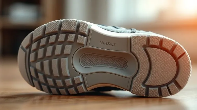 A photorealistic close-up of the sole of a high-quality nursing shoe, showing textured non-slip grip patterns and a thick, shock-absorbing midsole, with a subtle focus on the arch support structure inside. Cinematic lighting, 8K, professional photography, sharp focus, depth of field.