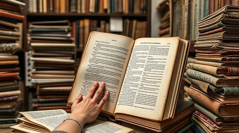 A photorealistic image of a vintage textile research library, with a costume designer's hands leafing through a large, aged book on historical fabrics, surrounded by stacks of reference materials and antique textile swatches. Cinematic lighting, sharp focus, depth of field, 8K hyper-detailed.