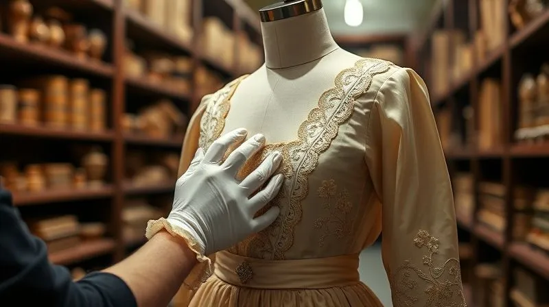 A photorealistic shot of a costume designer wearing white gloves, carefully examining a fragile, antique silk dress draped on a mannequin in a museum archive. Soft, diffused lighting highlights the intricate details of the fabric and embroidery, with blurred shelves of historical artifacts in the background. 8K, cinematic, sharp focus.