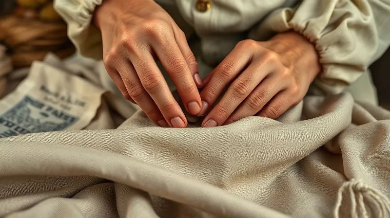 A photorealistic close-up shot of a costume artisan's hands meticulously aging a piece of fabric, using a subtle sanding tool or natural dye bath. The fabric shows subtle signs of wear and fading, with historical textile swatches in the background. Cinematic lighting, sharp focus on the hands and fabric, 8K, depth of field.
