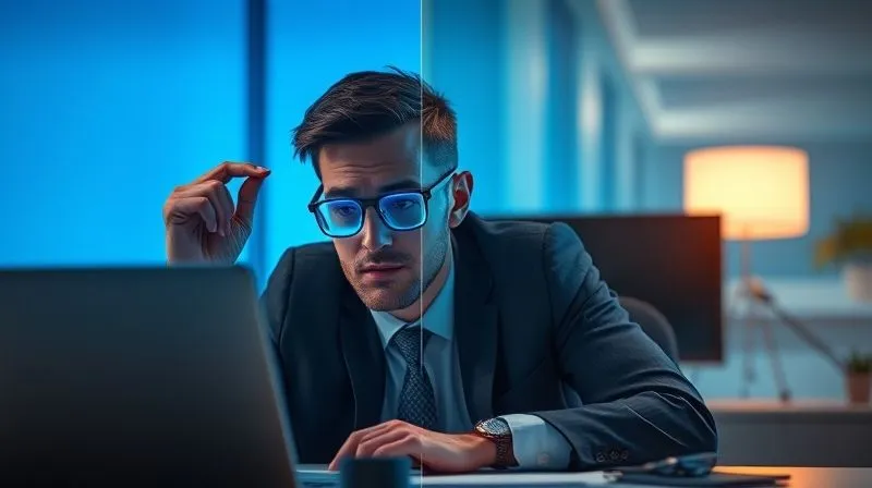 A photorealistic image depicting a professional at a desk, initially squinting and looking fatigued, then in a split image or sequence, wearing blue light glasses and appearing focused and comfortable. The background subtly shifts from a harsh blue glow to a softer, warmer light. Cinematic lighting, emotional contrast, 8K.