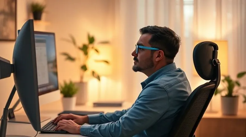 A photorealistic, professional photography shot of a well-organized, ergonomic home office setup. A person is sitting comfortably, wearing blue light glasses, looking at a monitor. The scene includes a comfortable chair, proper monitor height, a desk plant, and soft, warm ambient lighting, emphasizing balance and well-being. 8K, cinematic.