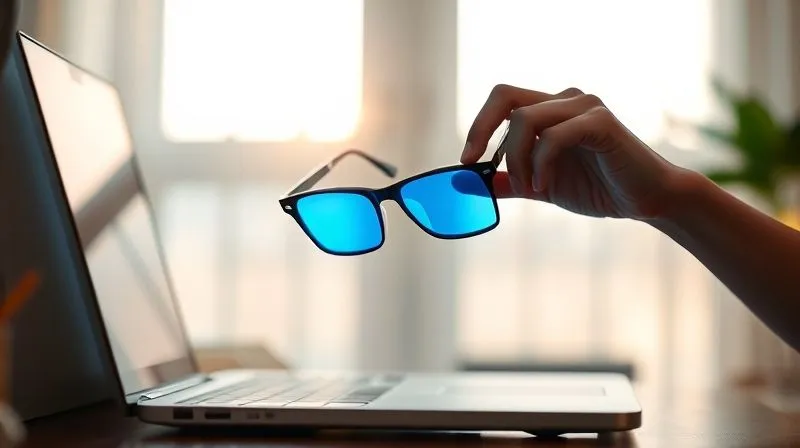 A photorealistic, serene image of a person closing a laptop at the end of a workday, gently removing their blue light glasses. A soft, warm light fills the room, signifying relaxation and a clear transition from work to rest. The expression is one of calm contentment and relief, hinting at restored energy and peace. 8K, cinematic, emotionally resonant.