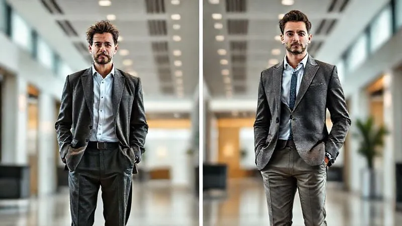 A photorealistic comparison shot: on the left, a man wearing an ill-fitting, baggy blazer and loose trousers, looking disheveled; on the right, the same man in a perfectly tailored, slim-fit blazer and well-fitting chinos, looking sharp and confident. Both images are professional photography, 8K, cinematic lighting, sharp focus, depth of field. The background is a modern, minimalist office lobby.