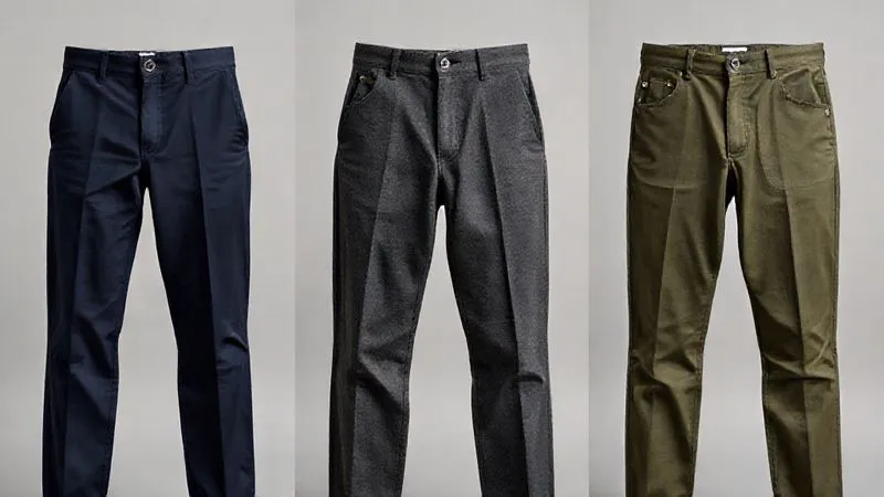 A photorealistic studio shot showcasing three different pairs of men's smart casual trousers: a pair of perfectly tailored navy chinos, a pair of charcoal lightweight wool trousers, and a pair of olive green five-pocket cotton twill trousers. Each is meticulously pressed and displayed against a neutral background, highlighting fabric texture and fit. Professional photography, 8K, cinematic lighting, sharp focus, depth of field.