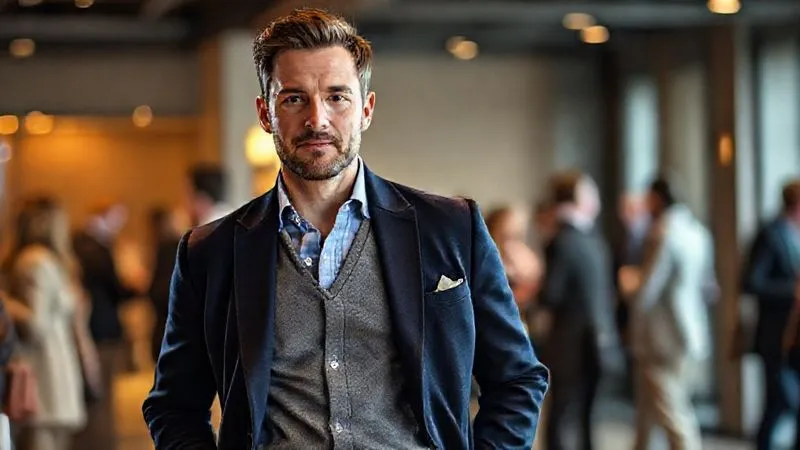 A photorealistic, professional photography, 8K, cinematic lighting, sharp focus, depth of field shot of a stylish man in a layered smart casual outfit. He is wearing a navy blazer over a light blue Oxford shirt, with a fine-gauge grey merino wool v-neck sweater underneath, paired with tailored beige chinos. The different textures and layers are clearly visible, creating depth and visual interest. The setting is an indoor networking event with soft, warm lighting.