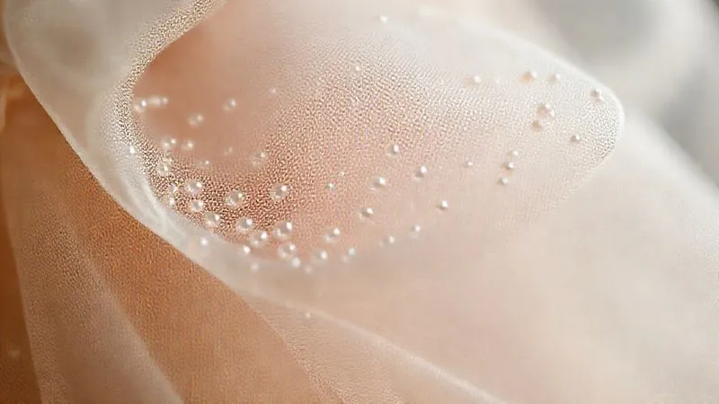 Photorealistic, professional photography, 8K, cinematic lighting, sharp focus on a magnified section of haute couture beadwork, showing individual beads meticulously sewn with fine threads onto delicate silk organza, depth of field blurring the background, shot on a high-end DSLR.