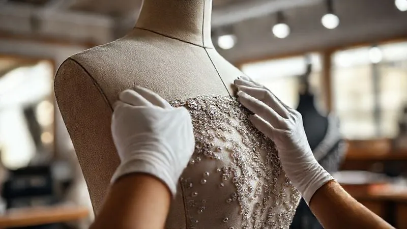 Photorealistic, professional photography, 8K, cinematic lighting, sharp focus on a pair of gloved hands gently adjusting a section of haute couture beadwork on a mannequin, soft, diffused lighting, depth of field blurring the background of an atelier, shot on a high-end DSLR.
