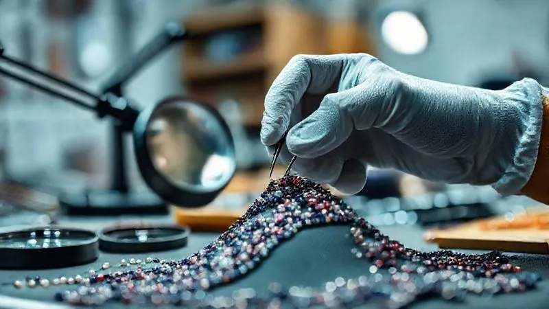 Photorealistic, professional photography, 8K, cinematic lighting, sharp focus on a gloved hand using tweezers to meticulously inspect a section of haute couture beadwork, a magnifying glass nearby, a blurred background of an organized atelier workspace, depth of field, shot on a high-end DSLR.