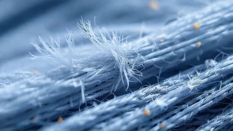 A highly magnified, photorealistic image of synthetic activewear fibers showing signs of microscopic wear and tear – frayed ends, slight pilling, and some broken strands, illustrating fiber degradation from mechanical stress. Cinematic lighting, sharp focus on the damaged fibers, depth of field, 8K hyper-detailed, shot on a high-end DSLR.