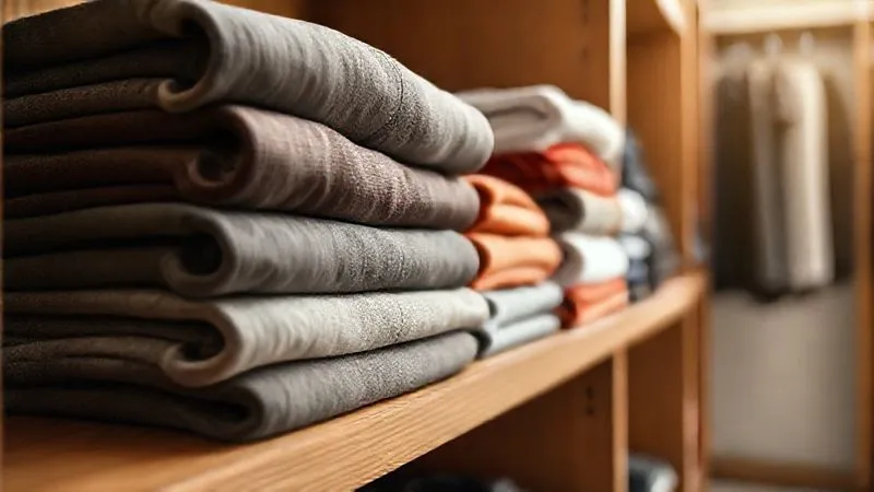 A photorealistic, professional photography shot of neatly folded and stacked premium activewear garments on a wooden shelf, bathed in soft, natural light, conveying organization and care. Cinematic lighting, sharp focus on the fabric textures, depth of field blurring a minimalist closet background, 8K hyper-detailed, shot on a high-end DSLR.