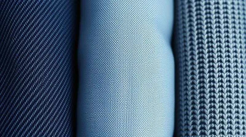A photorealistic close-up of three fabric swatches side-by-side: one tightly woven denim, one ripstop nylon, and one thick interlock cotton knit. Each swatch shows clear texture and weave. Cinematic lighting, sharp focus, depth of field, 8K hyper-detailed, professional photography, shot on a high-end DSLR.