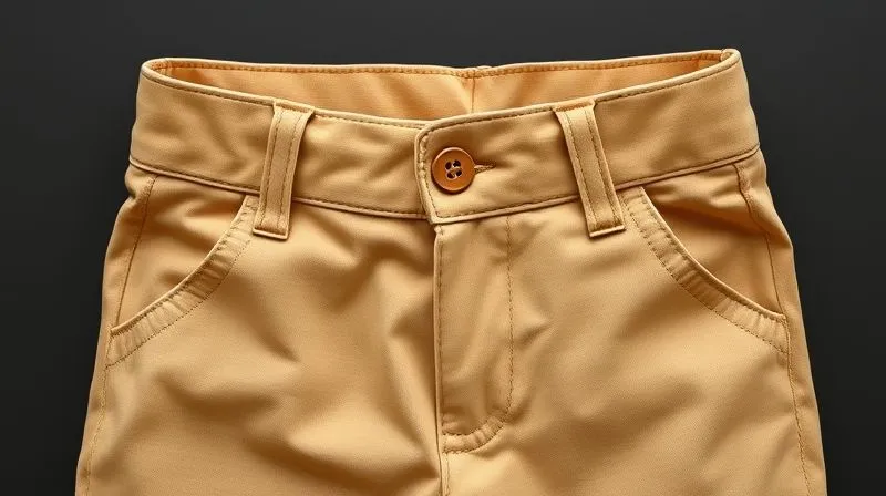 A photorealistic image of a pair of children's khaki pants with a clearly visible internal adjustable elastic waistband with buttons. The pants are neatly folded but the waistband detail is in sharp focus. Cinematic lighting, professional photography, 8K hyper-detailed, shot on a high-end DSLR.